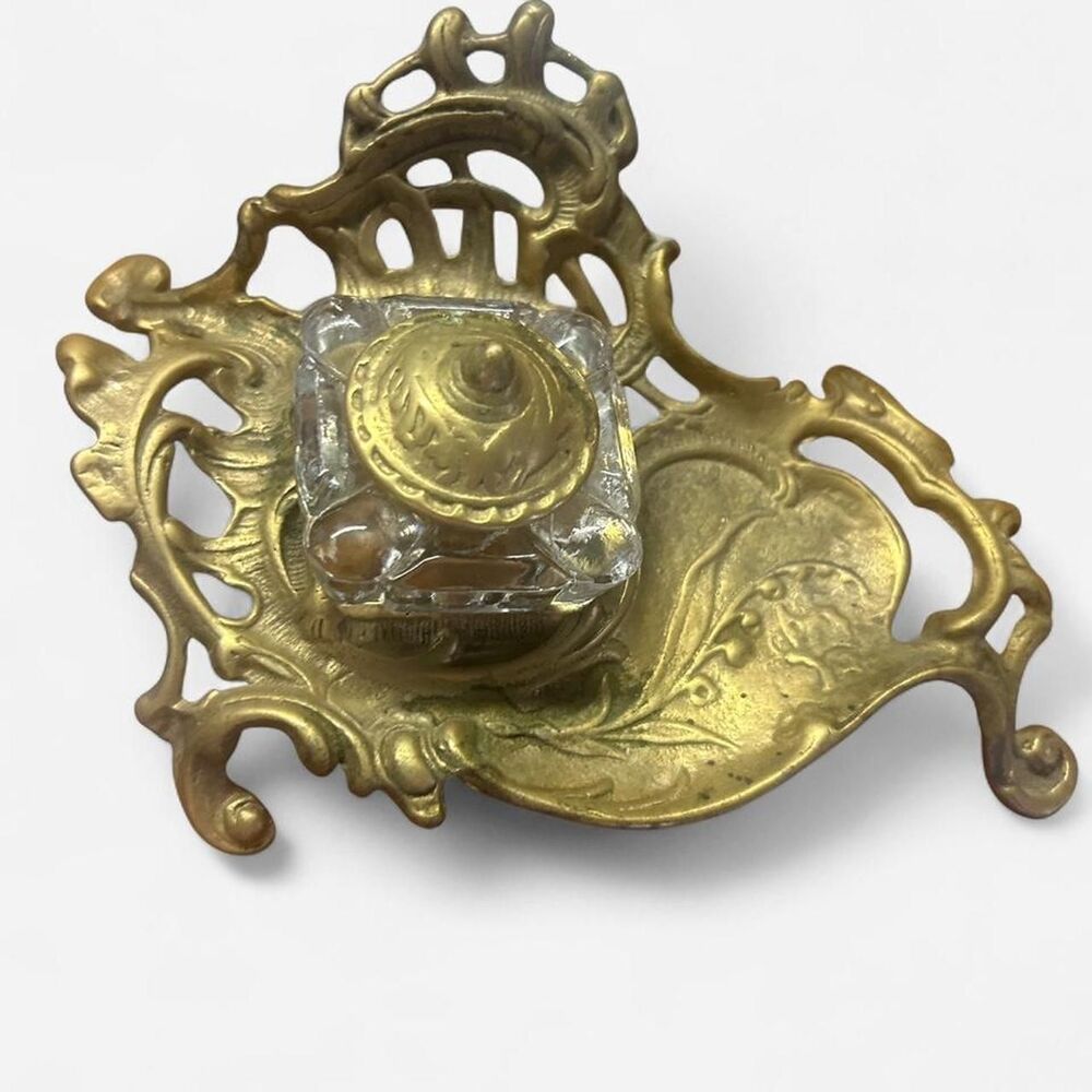 Coquette Style Complete Vintage Glass Inkwell with Ornate Floral Brass
